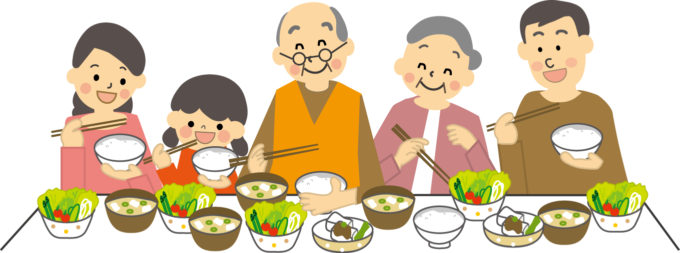 食卓を囲んで食べる3世代家族