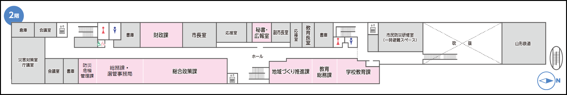 長井市役所2階のフロアマップ