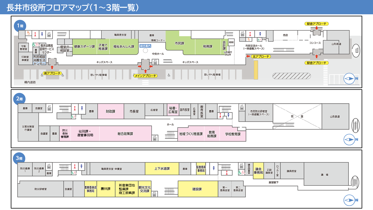 長井市役所フロアマップ(1~3階一覧)