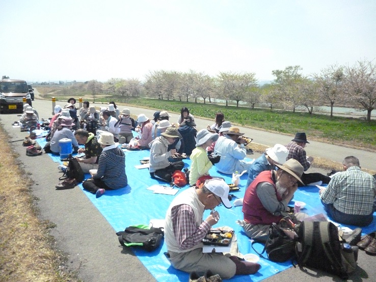 晴天の下、堤防に青色のシートを広げ、参加者の方々が昼食のお弁当を食べている様子の写真