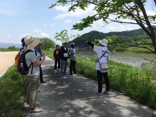 最上川の川岸に生えている木の木陰に参加者の方々が集まり一休みしている写真