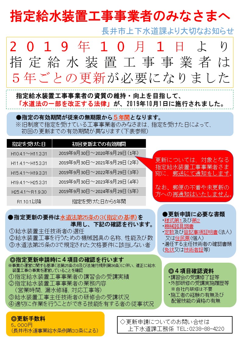 指定給水装置工事事業者更新制度の導入について／長井市ホームページ