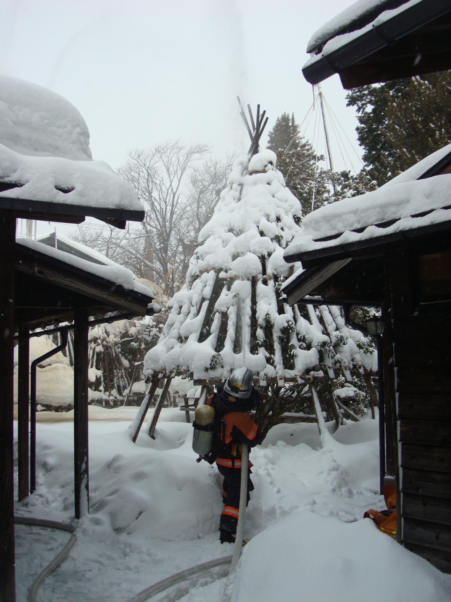 雪が降り積もっている中、両側にある建物の奥の雪吊りがされた木に向かって消防士が放水訓練をしている写真