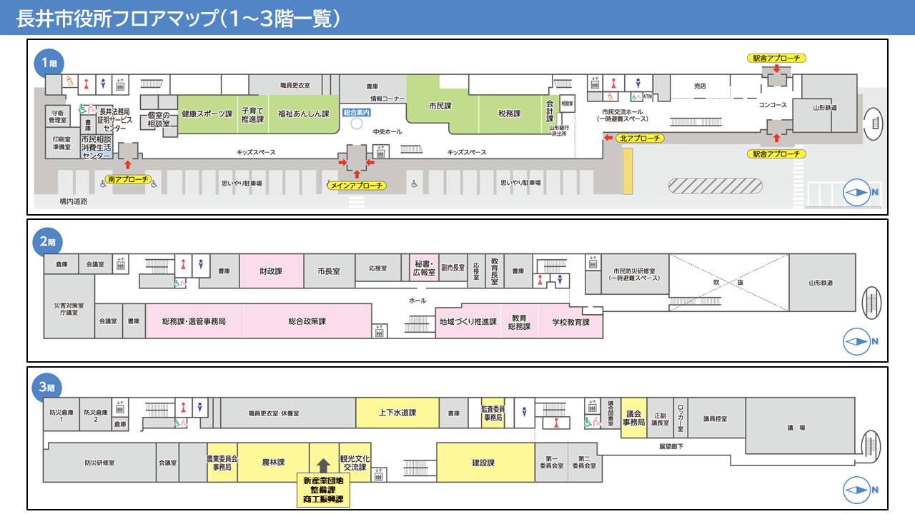 長井市役所フロアマップ（1～3階一覧）