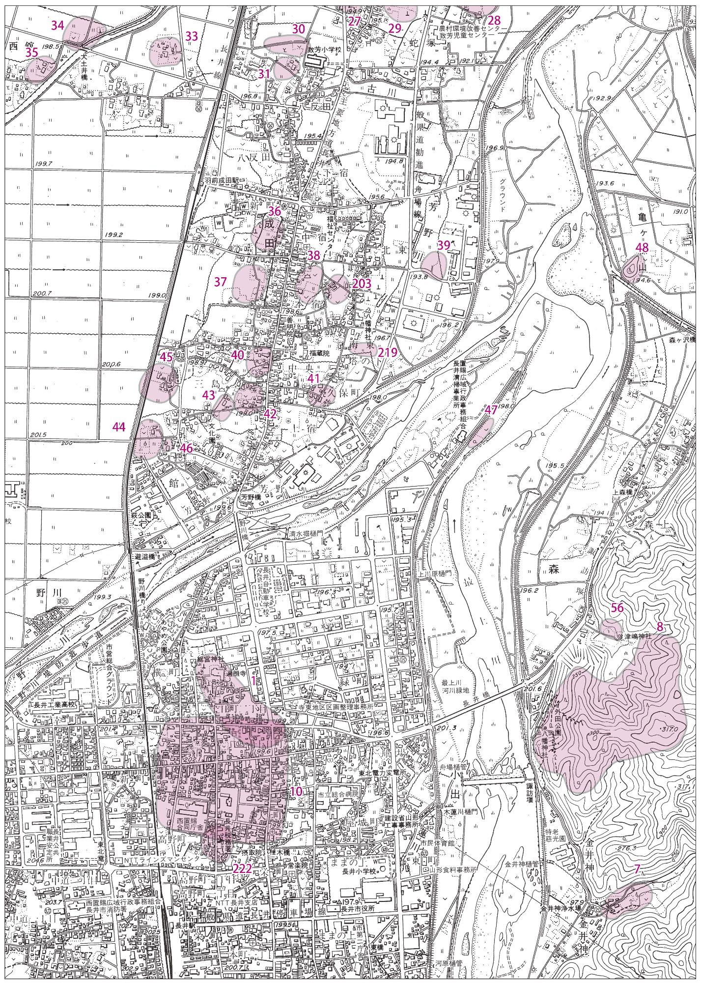 長井市遺跡地図の一部