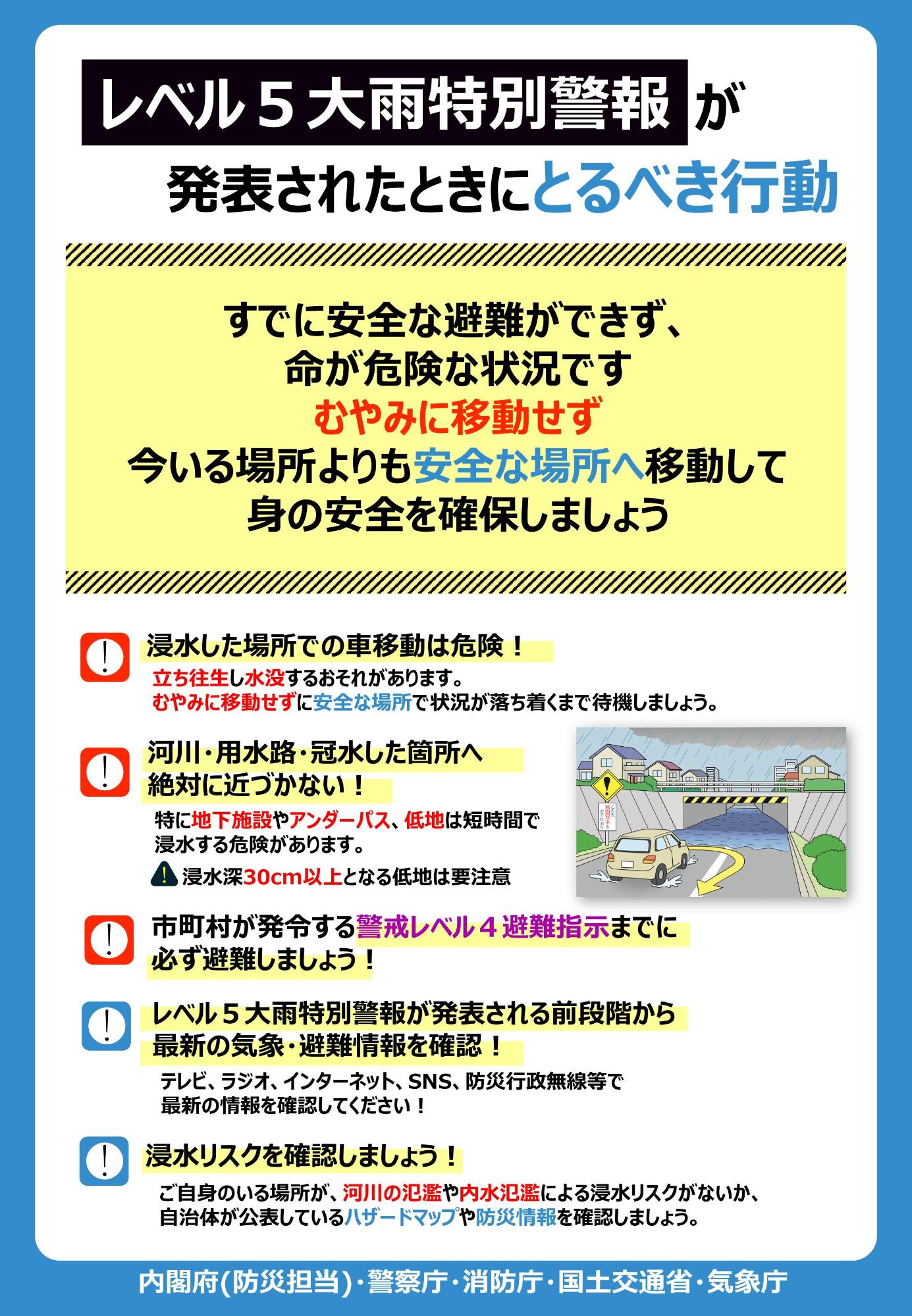 「レベル5大雨特別警報が発表されたときにとるべき行動」チラシ