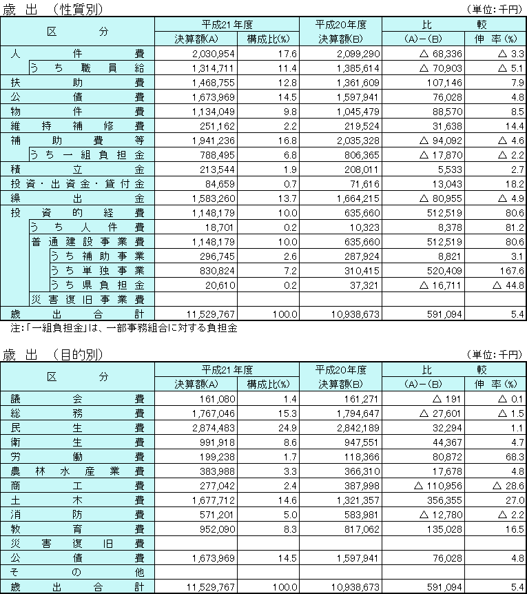 平成21年度普通会計決算の状況(歳出)の表組