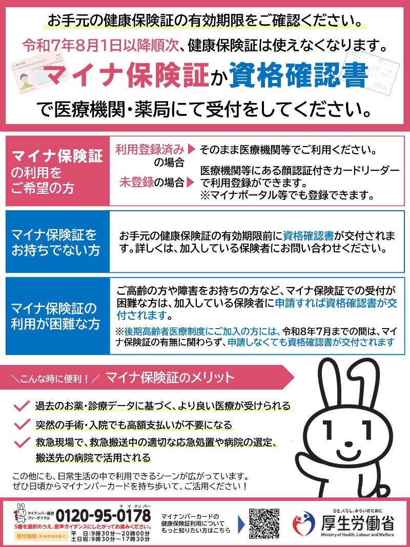 マイナ保険証か資格確認書で医療機関・薬局にて受付してください